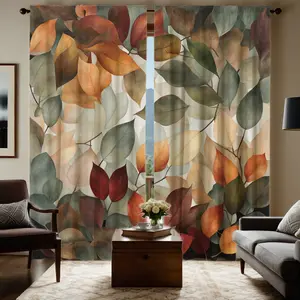 2Pcs dew style translucent curtains, colored leaf print, machine washable washable polyester curtains, suitable for living room, bedroom, study - round suspenders, Art Deco theme, 180-200g/m2, Home Decoration Curtain