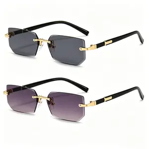2 Pack Rimless Geometric Sunglasses | Gold & Black Frames, Gradient Gray & Purple Lenses, Luxury & Minimalist Design, Perfect for Streetwear, Office & Everyday Stylish Outfits