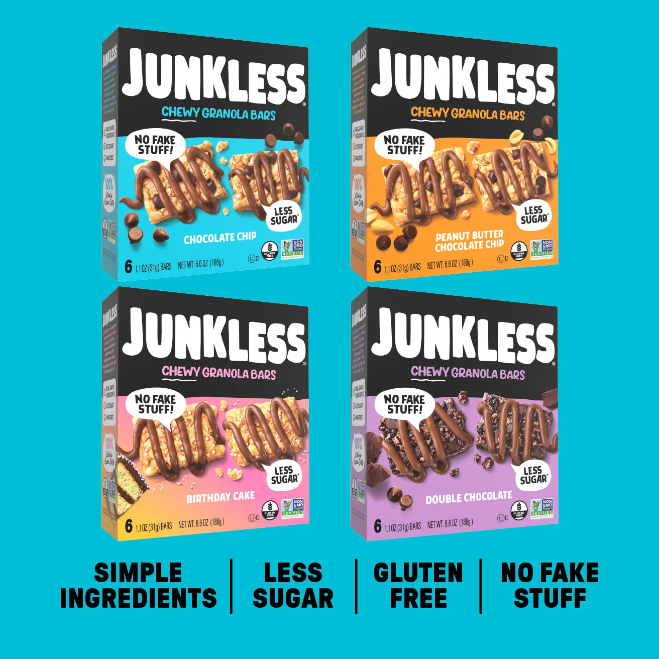 JUNKLESS Chewy Granola Bars 4 Flavor Variety Pack Simple Ingredients Less Sugar Gluten Free No Fake Stuff