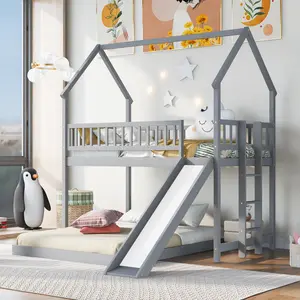 Twin Over Full House Bunk Bed with Slide, Kids Wooden Floor Bunk Bed with Built-in Ladder, Full-Length Guardrail