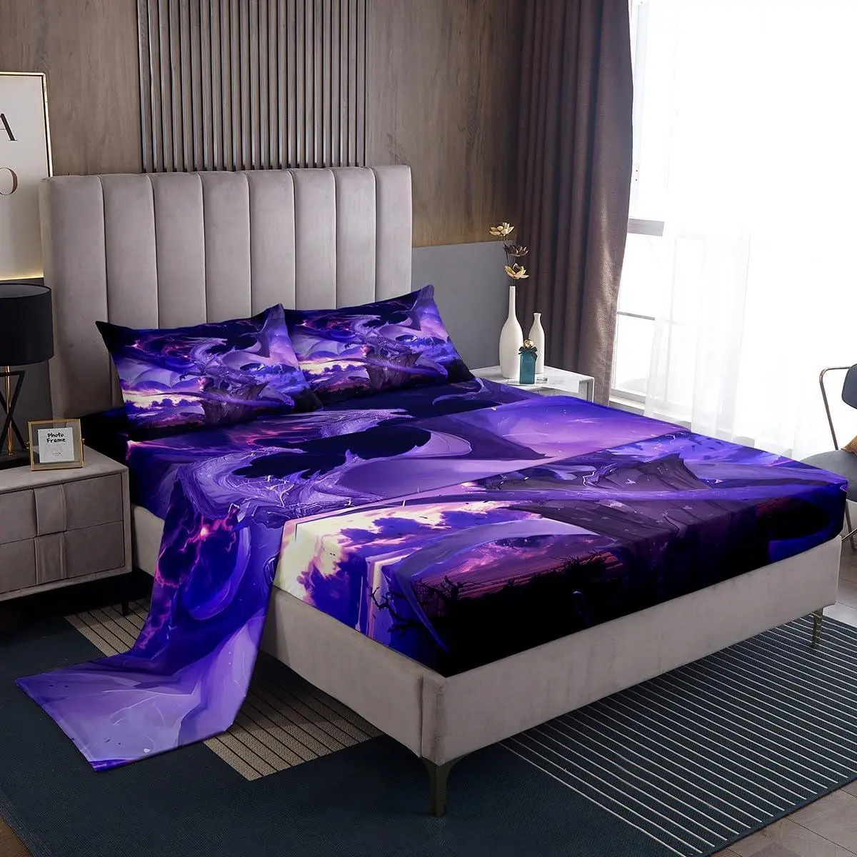 Purple Dragon Bed Sheet Set,Gothic Flying Animal Wings Ancient Theme Sheet Set,Mystic Lightning Sky Psychedelic Bedding Set with 1 Flat & 1 Fitted Sheet