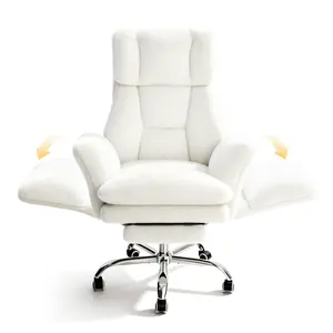 Plush Teddy Velvet Office Chair, Cloud Soft Wide Seat for Pets & Cross Legged Sitting, Ergonomic Flip Armrest Desk Chair with Foot Rest, Reclining Home Office Computer Chair