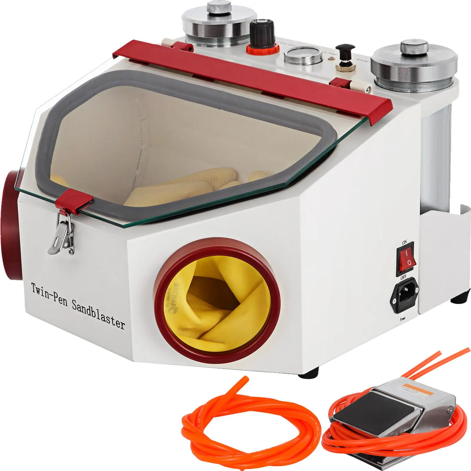 Fallpicks Dental Lab Twin-Pen Sandblaster Machine - 2-Tank Sand Supply, Foot Pedal, Large Chamber, LED Lighting, 16.9'' Transverse Diameter, High Efficiency for Porcelain Crowns, Metal Storage Compatible