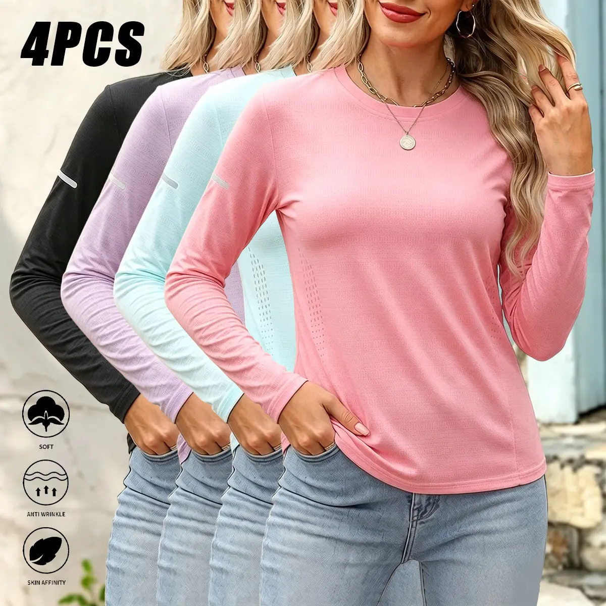 Set of 4 women’s long-sleeve sports T-shirts with a classic solid color crew neck design, featuring reflective stripes; suitable for fitness, running, and everyday wear. Women’s apparel, women’s tops, autumn long sleeves.