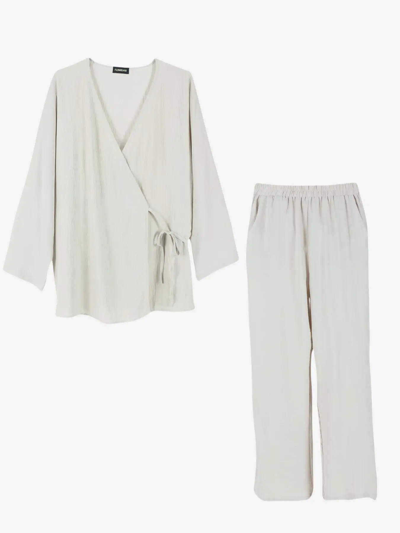 Two-piece Set Women's Solid Wrap V Neck Top & Elastic Waist Pants Set, Casual Personalized Fit Long Sleeve Tie Front Flattering Neckline Top & Trouser