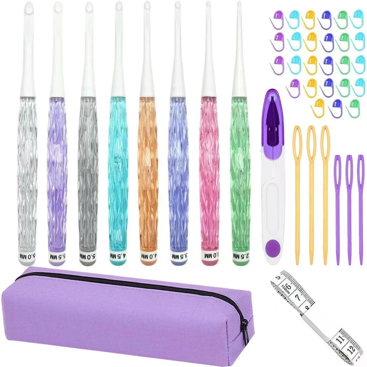 Inline Crochet Hooks Set,8PCS Plastic Crochet Hooks Long Crochet Hook Set with Case,Colorful Non-Slip Crochet Needles for Crocheting Yarn,Size 2.5mm-6mm