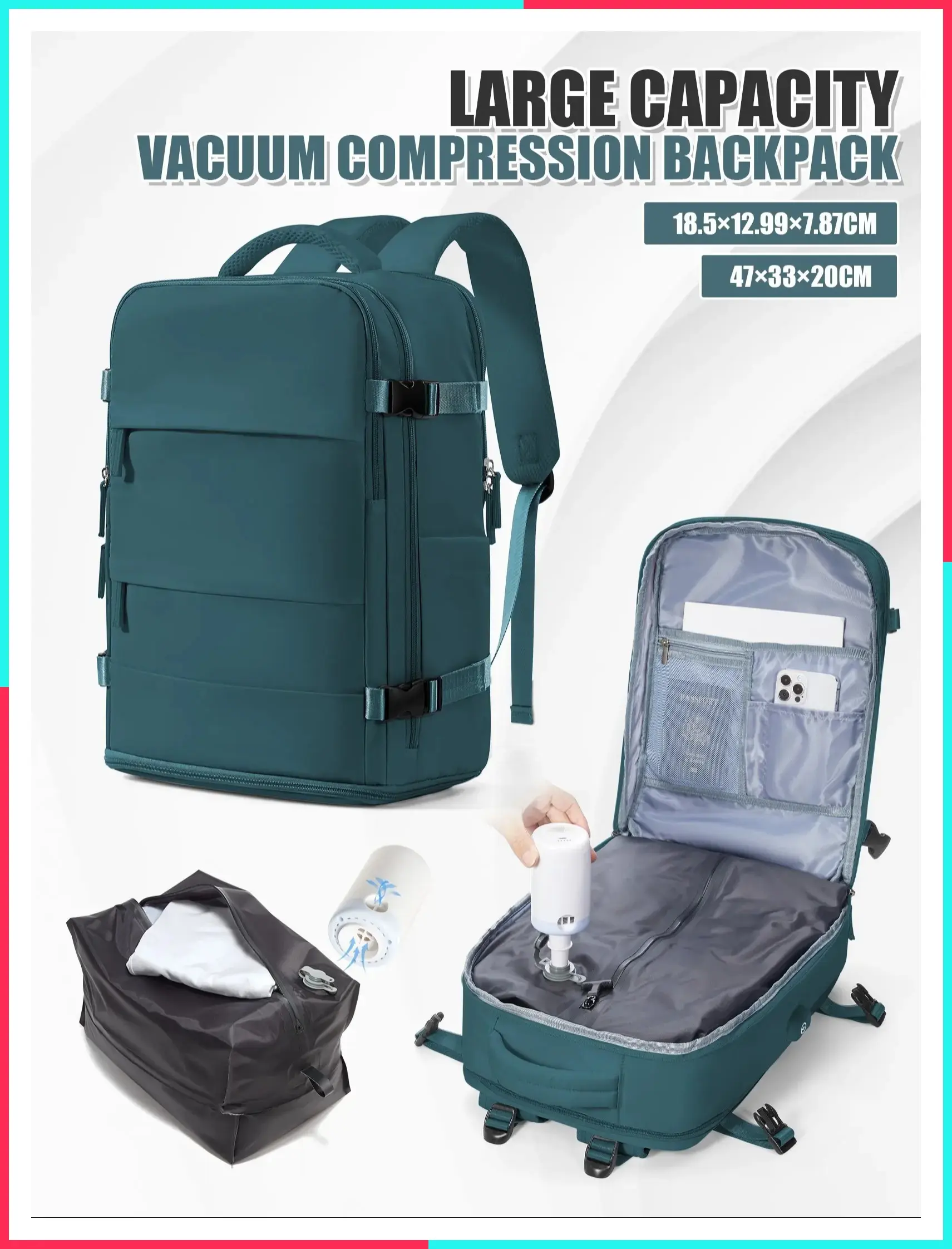 Three-piece vacuum travel bag set with detachable vacuum bag, electric air pump, large-capacity backpack, multi-layer pockets, casual style, space saving bag