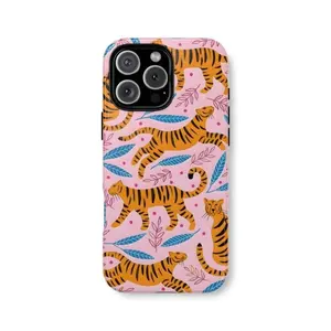 TINY TIGERS Phone Case | Pink Animal Print Botanical Design |Suitable for IPhone17 11 12 13 14 15 16 Pro Max Air Plus