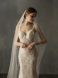 Luxurious Single Layer Bride Veil, 230cm Long Pearl Wedding Veil, 150cm Wide Sheer Tulle Bridal Veil with Comb, Western Wedding Veil, Ideal for Bridal Photoshoot & Romantic Wedding