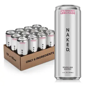 Naked Sparkling Energy Strawberry Lemonade - 12 Cans, 200mg Organic Caffeine, Vegan, Gluten-Free, No Artificial Sweeteners - Only 6 Ingredients