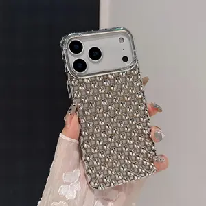 Hollow Out Compatible with iPhone 17 Pro Max Protective Case, Fashion Beads Bubble 3D Cut-Out Design,Glossy Chrome Electroplate Silicone Glitter Breathable Case for Women Girls