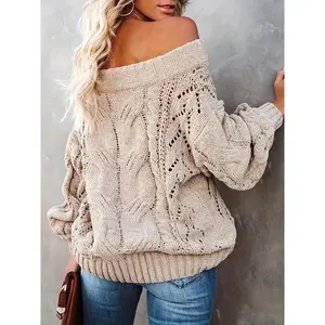 Women's Plain Textured Off Shoulder Sweater, Fallfreshness Casual Chic Knitted Drop Shoulder Long Sleeve Jumper for Daily Wear, Ladies Knitwear for All Seasons,?Valentine's Day Gifts