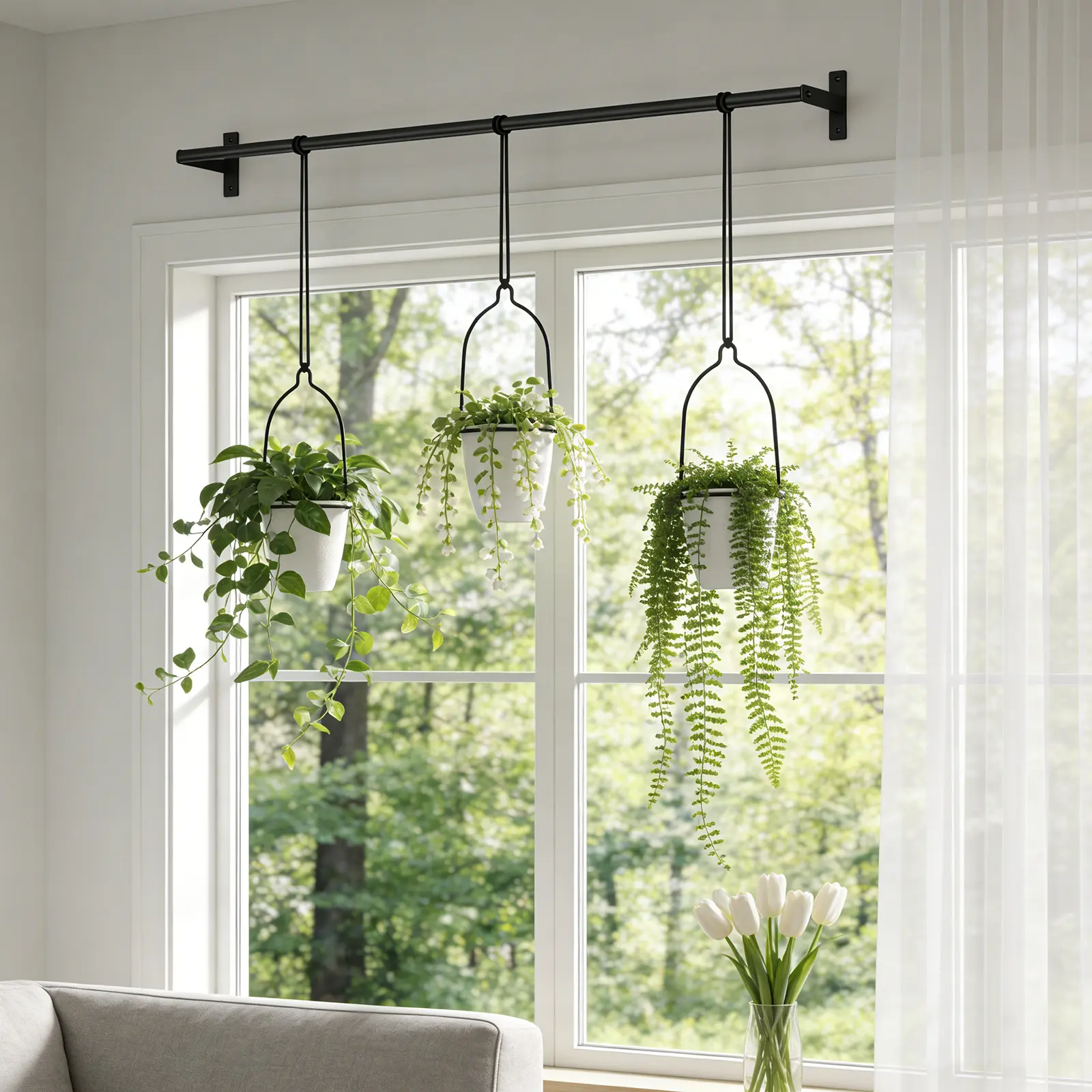 Wall Mount Hanging Plant Holder 3 Pack, Adjustable Metal Hanging Planter Rod with 3 Hanging Baskets, Space Saving Indoor Outdoor Plant Hanger for Window Kitchen Wall Decor