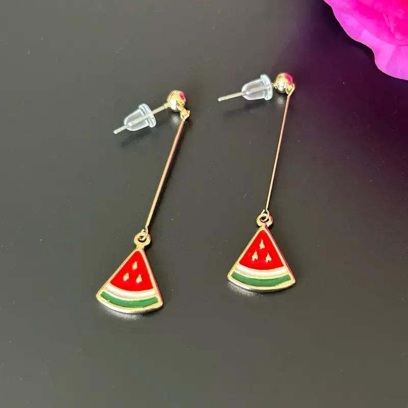 Gold-Plated Watermelon Drop Earrings Long Dangling Earrings. Quality Palestinian Jewelry & Accessories – Palestine Necklaces for Women, Girls & Men, Rings, Flag, Keffiyeh Kufiya, Watermelon Charms & Calligraphy Designs Gifts & Proud Supporters