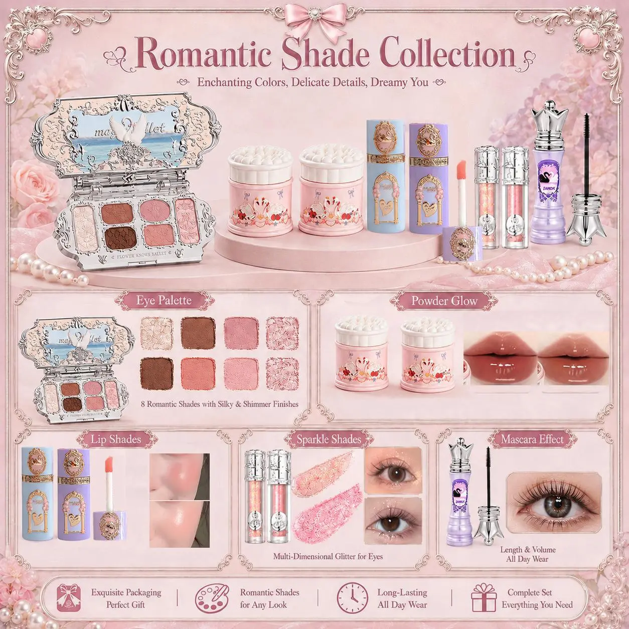 8pcs Swan Garden Makeup Set, Eyeshadow,Mascara, Lip Gloss, Blush, Liquid Eyeshadow,Perfect Gift for Girlfriend, Wife, Valentine's Day,Birthday, Complete Makeup Set