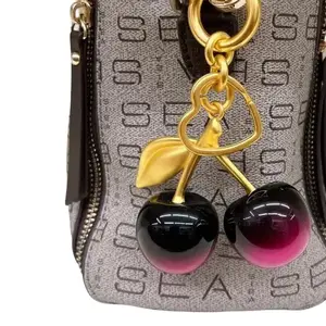 Elegant Gold Stem Cherry Keychain - Bright Red Purple Alloy Chain, Perfect for Women's Bags & Backpacks, Fashionable Key Ring, Shiny Surface, Ideal Gift for Daily & Special Occasions