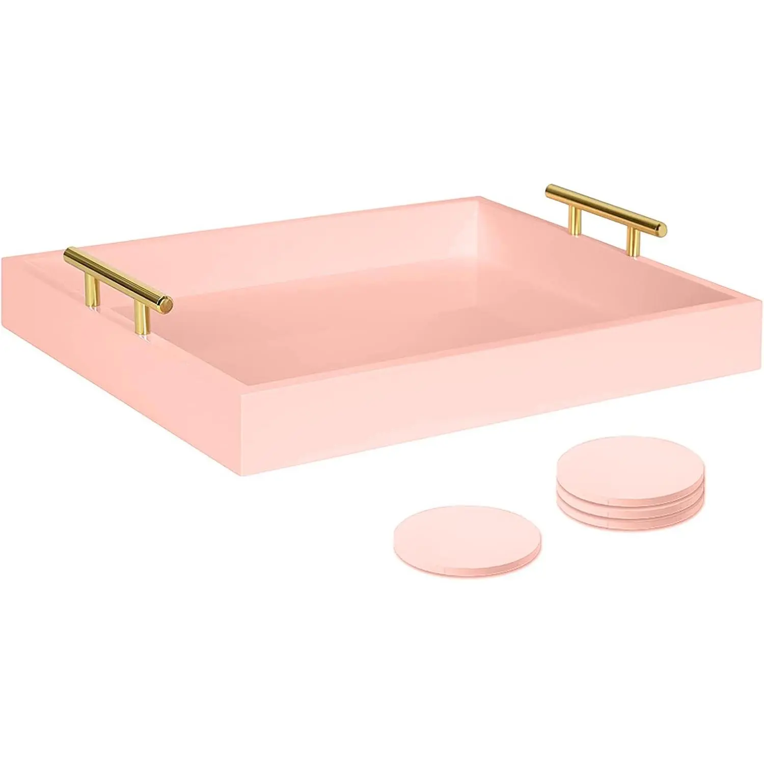 Serving Tray 16.5"X 13"Deluxe Wooden Ottoman Tray for Coffee Table with Polished  Metal Handles and 4 Coasters, Living Room Bathroom Coffee Bar Organizer Modern Decorative Pink Tray