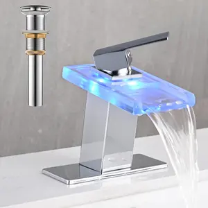 LED Bathroom Sink Faucet, Chrome Waterfall Single Hole Handle Vanity Faucets for Sinks 1 Hole with Metal Pop Up Drain and 2 Water Supply Lines, Open Glass Spout