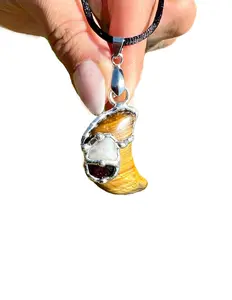 Motivation Moon Amulet with Black Satin Cord, Tigers Eye, Moonstone, Garnet