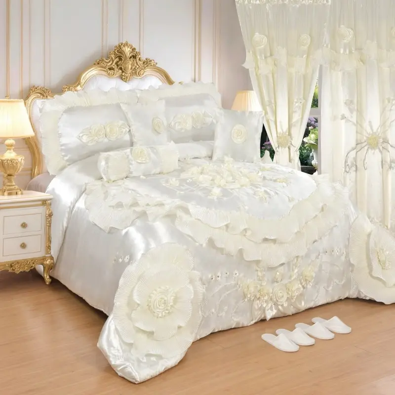 Wedding Set - Pink and White Bedding with Floral Design and Ruffled Edges