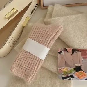 Women's 4-Pair Minimalist Fashion Winter Cashmere Wool Middle-Tube Socks - White+Purple+Pink+Gray, High-Quality Harajuku-Style Thermal Solid-Color Socks for Comfortable Casual Everyday Wear