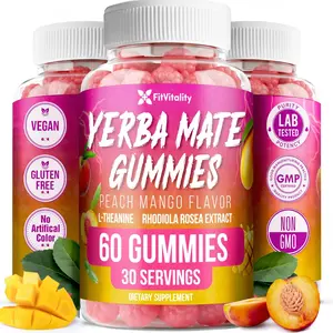 60 Yerba Mate Gummies - Formulated with L-Theanine, Rhodiola Rosea, Ginseng, Choline, B12 – Peach Mango Flavor – Vegan, Gluten-Free, Non-GMO