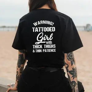 Bold Statement Tattoo Tee – Casual Crew Neck Top with Warning Tattooed Girl Graphic