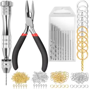 Hand Drill, 222 PCS Pin Vise Hand Drill with Drill Bits(0.8 mm-3 mm), Needle Nose Pliers, Keychain Making Kit, Jewelry Making Supplies, Hand Drill Tools for Jewelry Keychains Making