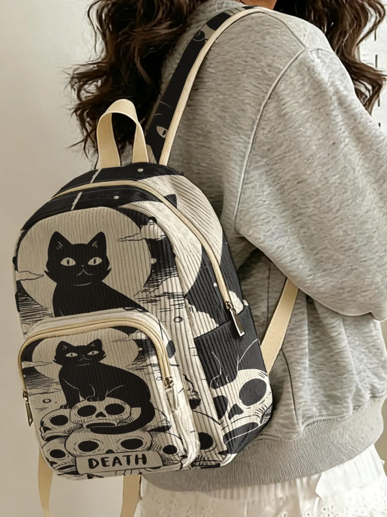 1 piece of black cat skull 'DEATH' 2D printed lady's Casual Backpack, velvet texture + layered storage + light weight reduction | perfect for students to go to class/shopping/short trips | atmosphere and practicality combined