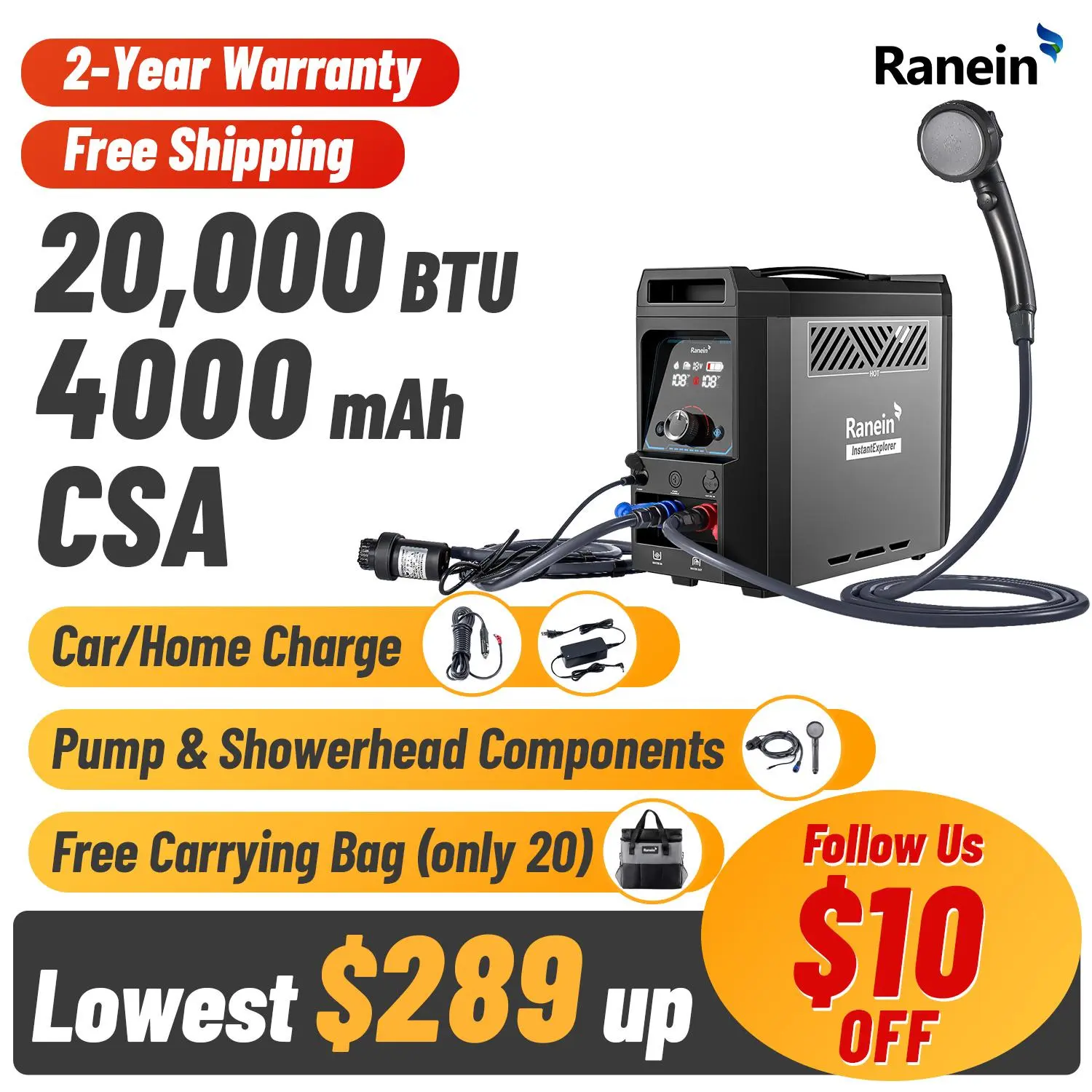 Ranein Portable Water Heater for Camping, Propane On-Demand Camp Water Heater with 4000mAh 1.5h Rechargeable Built-in Battery, Compact Outdoor Instant Hot Shower Heater