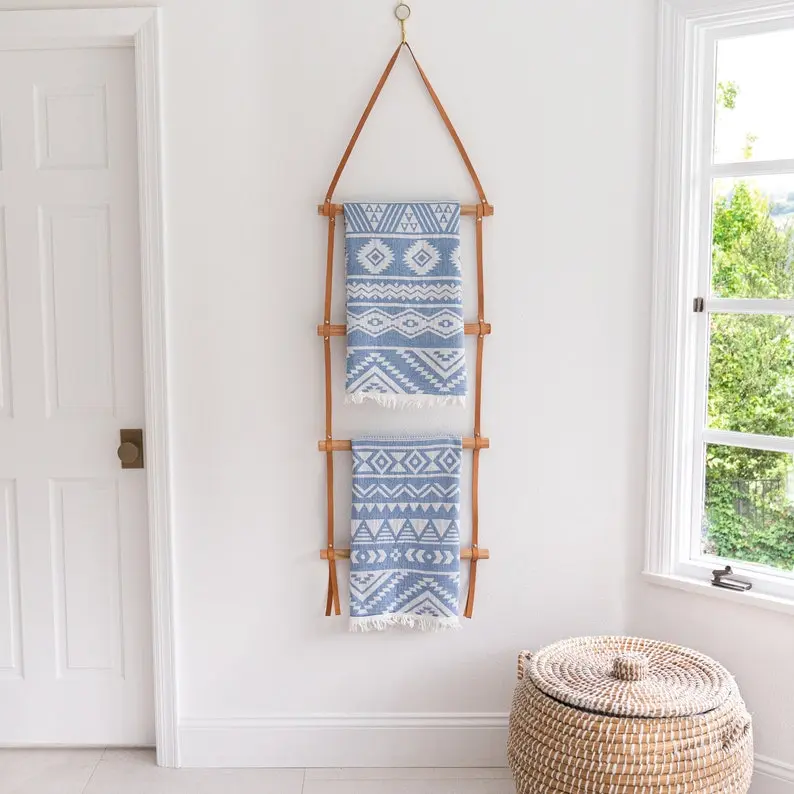Handcrafted Wood Blanket Ladder with Leather Straps: Boho Wall Hanging, Decorative Wooden Ladder Shelf, Bathroom Decor
