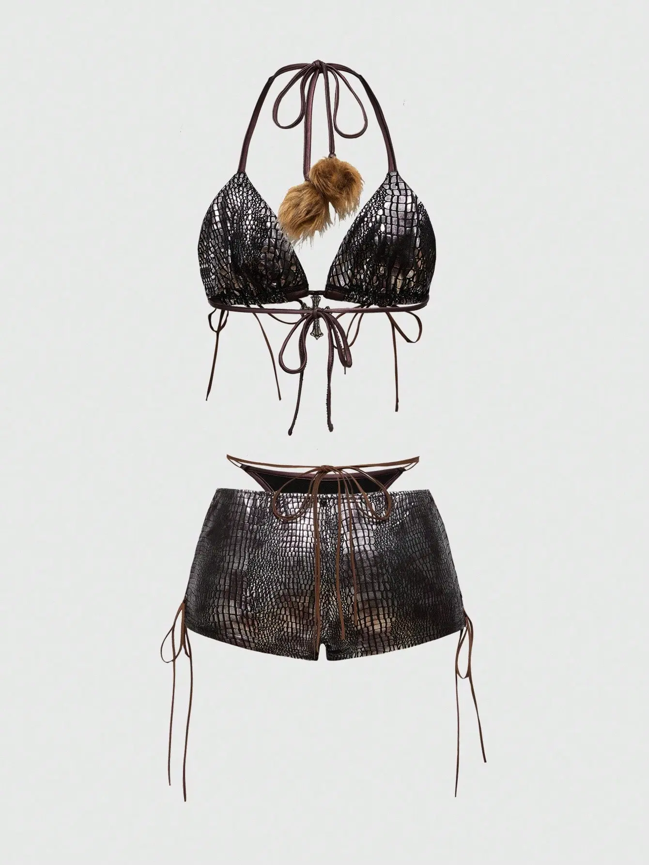 Women’s Faux Fur Bikini Set | Lace Up Y2K Swimwear | Sexy Beach Vacation Outfit