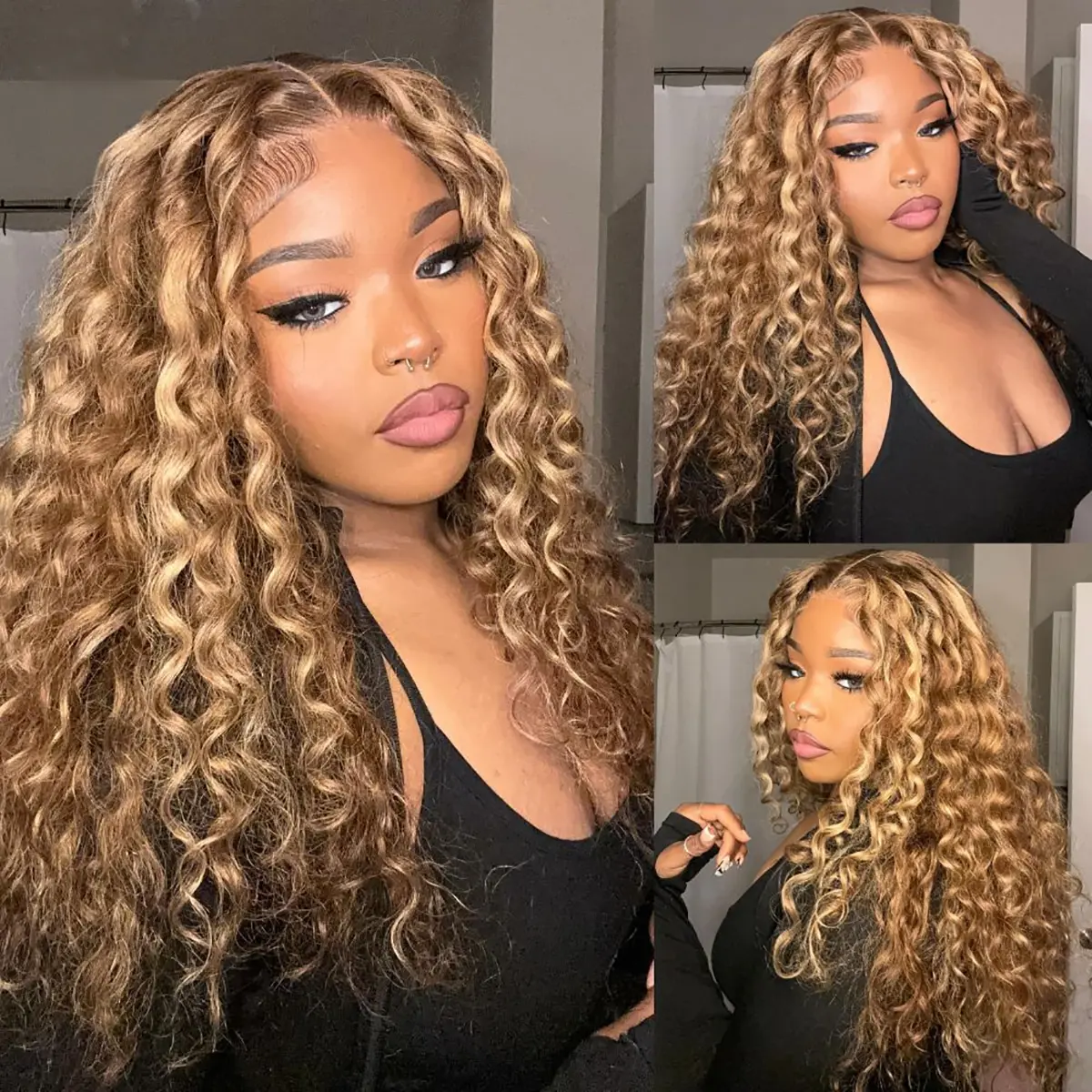 BGMgirl Honey Blonde Highlights Brown Human Hair Wig, 7x5 Lace Water Wave Glueless Wig, 180% Density Pre-Plucked Pre-Cut Lace Closure, 100% Human Hair, Side Part Wear Go, Clearance Sale #SummerWins #DealsForYouDays, Wigs Human Hair, Human Hair Wigs