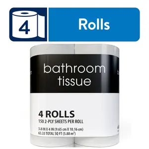 Bathroom Tissue - 4 Rolls, 150 2-Ply Sheets per Roll, 3.8 IN x 4 IN, 63.33 Total SQ FT, White Toilet Paper for Everyday Use