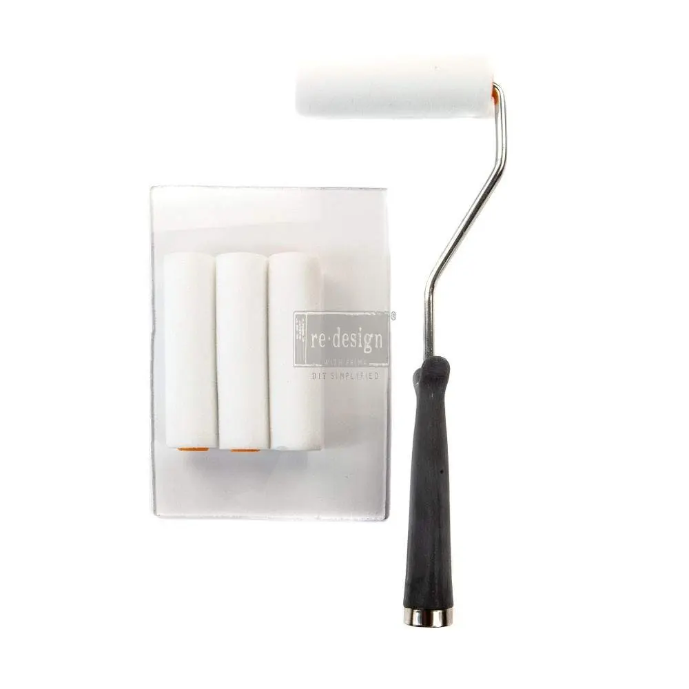 Redesign Roller Brush Set - 1 roller handle (full length 11.5"/ handle 5.25"x1.25"), 4 foam rollers (4"x1"), 1 5x7 acrylic block