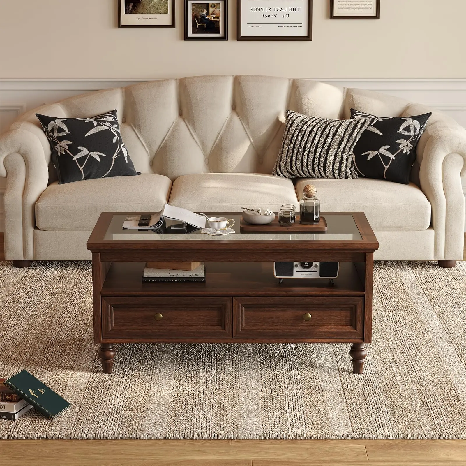 【Black Friday】39.4" Rectangle Coffee Table with Storage, Farmhouse Coffee Table | TemperGlass Top, 2 Drawers & Open Shelf, Farmhouse Vintage Center Table for Living Room, Apartment, Small Space