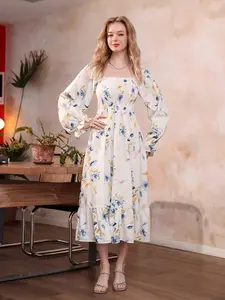 Elegant Women's Floral Print Long Sleeve Sweet Puff Sleeve Feminine Ruffled Dress, Elastic Square Neck Ruffle Hem Dress for Summer Styling