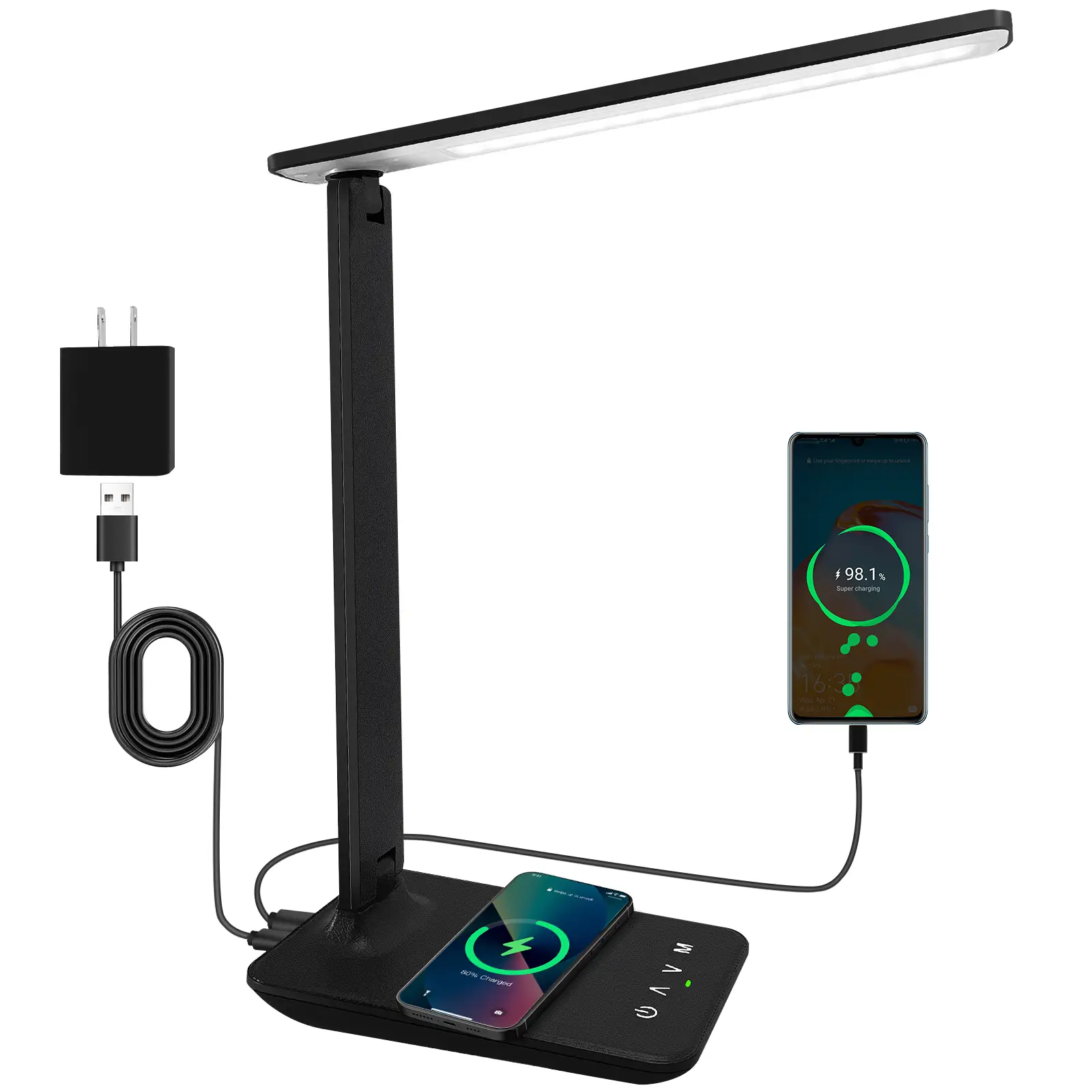 AhmyLion LED desk lamp with wireless charging function, touch control dimming, 5 dimming levels, USB charging port, 15W, suitable for home office, bed