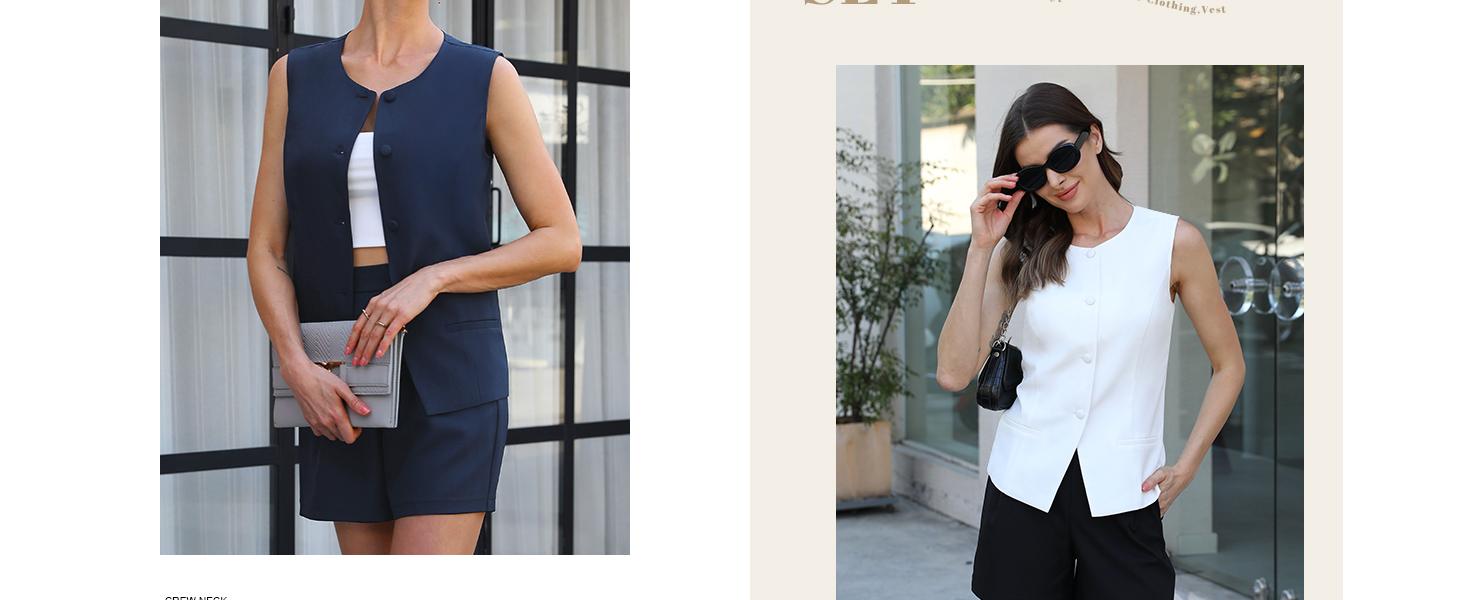 Casly Lamiit Women's 2 Piece Blazer Suit Set Summer Business Matching Sets Crew Neck Button Vest Shorts Dressy Work Outfits Casual Classy Design Soft Comfort Material Trendy Design #Springfresh