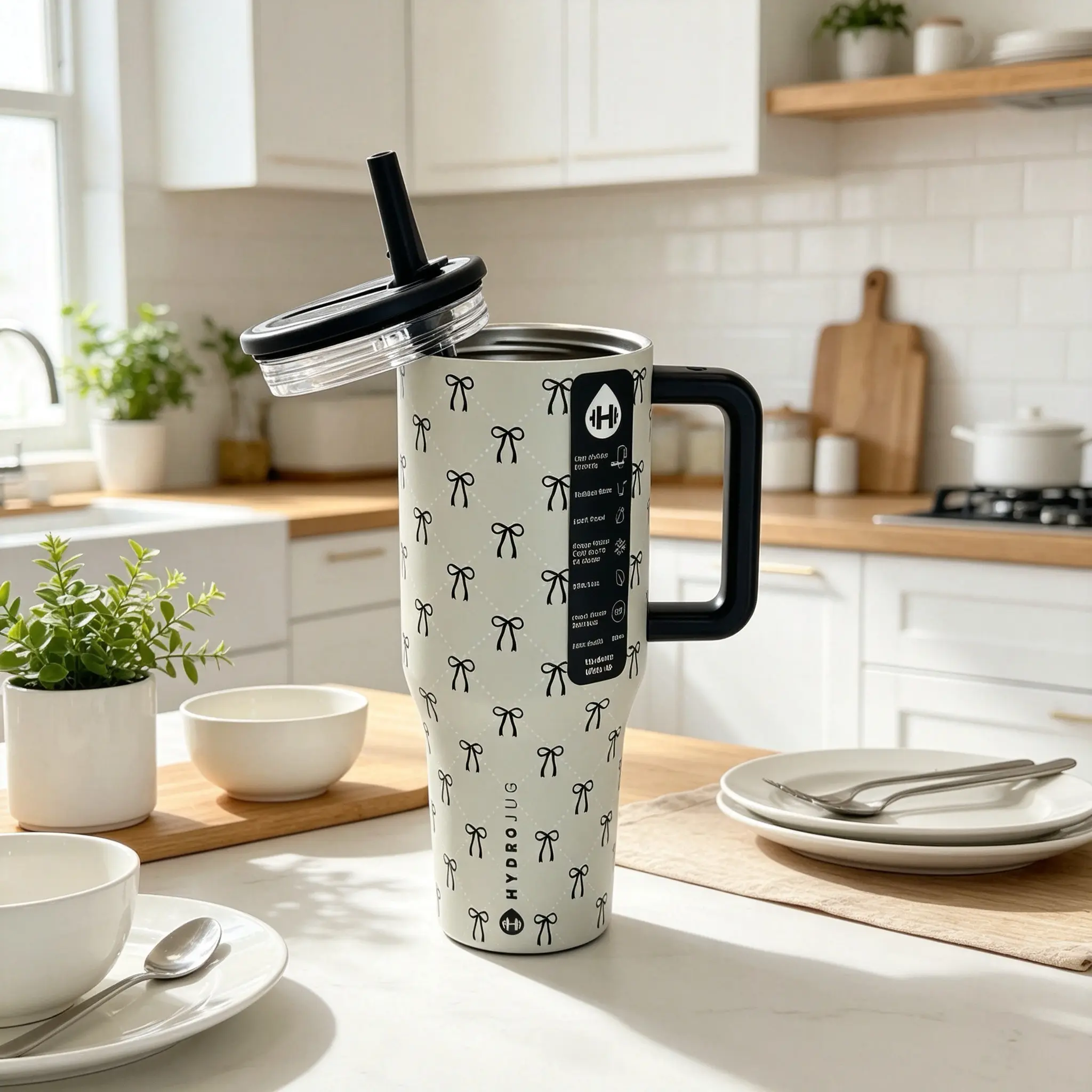 HydroJug 40oz Aesthetic Must Have Drinkware, Bow Pattern Tumbler With Handle & Straw, Portable Stainless Steel Vacuum Flask, Leakproof BPA-Free, 24H Cold Insulation, Cup Holder Friendly For Travel And Gym