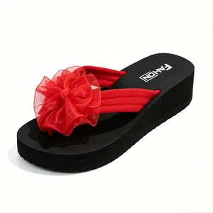 Red Bow Platform Flip Flops Women Summer Beach Slippers Non Slip Wedge Heel Sandals With Mesh Flower Decor Casual Slides