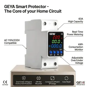 63A Smart Adjustable Voltage Protector 2P 110V/220V with Power Metering & Energy Monitoring, Over/Under Voltage Protection & Current Limit, Auto-Reset, KWh Consumption Meter