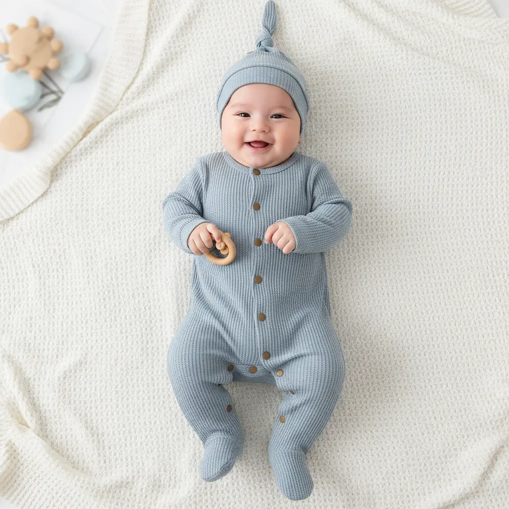 2pcs Newborn Baby Boy Girl Waffle Knit Footed Romper With Knot Hat Set, Long Sleeve Button Front Jumpsuit Outfit For Infant Photography Props & Daily Wear
