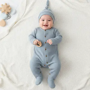  2pcs Newborn Baby Boy Girl Waffle Knit Footed Romper With Knot Hat Set, Long Sleeve Button Front Jumpsuit Outfit For Infant Photography Props & Daily Wear