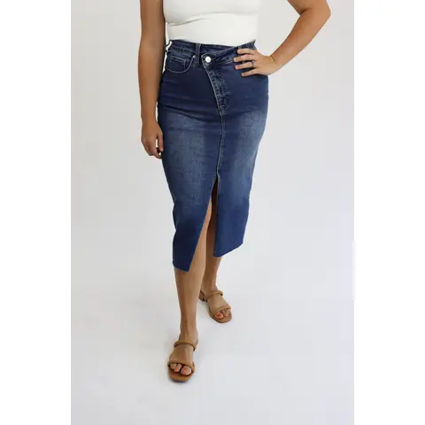 Mid Length Denim Skirt - Crossover Button