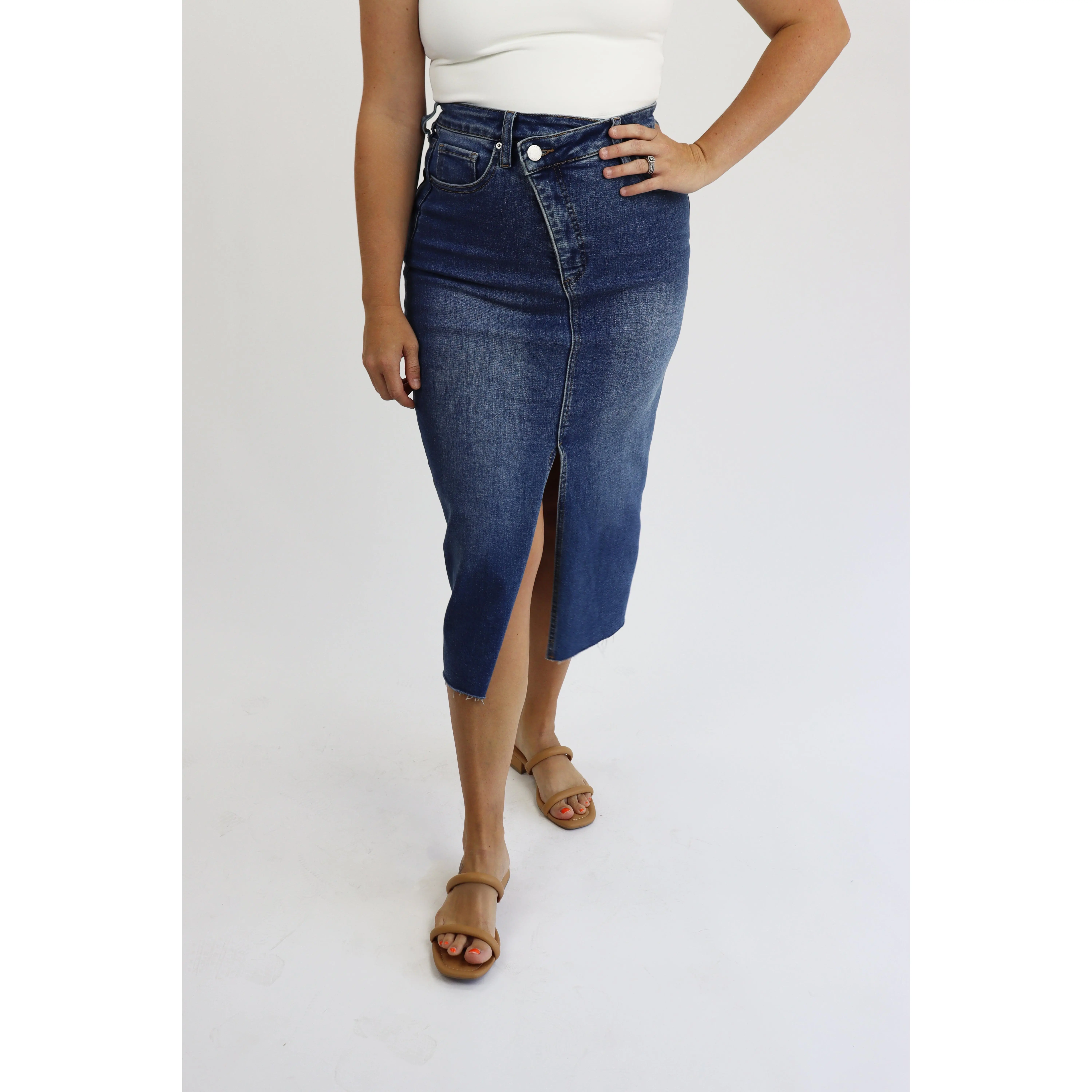 Mid Length Denim Skirt - Crossover Button
