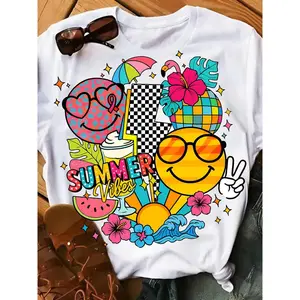 Retro Summer Vibes Smiley Face Graphic T-Shirt for Women, Cotton Round Neck Short Sleeve