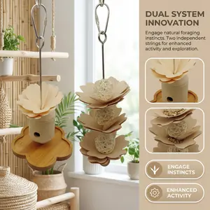 Twin Pack Bird Feeder Set: Bamboo Buffet Table + Wooden Flowers Feeder with Stainless Steel Skewers - Mess-Proof, Cage-Mountable for Conures, Cockatiels (Washable）- Stainless Steel Skewers for Bird Cage Feeder, Bird Supplies