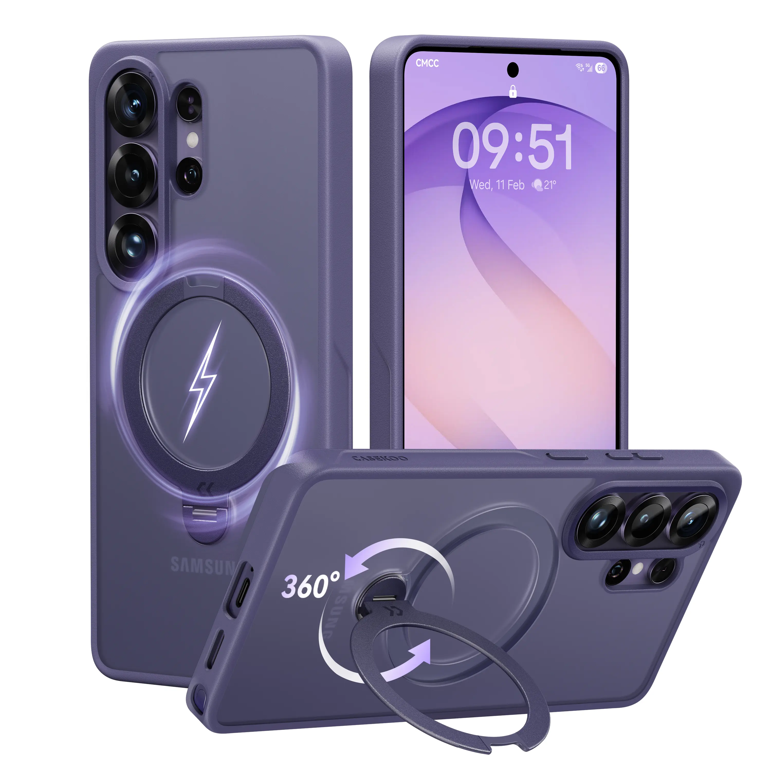 CASEKOO Matte Purple 360° Magnetic Stand Cover for Samsung Galaxy S26/S25 Ultra Smartphone, 16FT Military Shockproof Protection, MagSafe-Compatible, Handheld Kickstand Ring, 6.9" Wireless Phone Protector