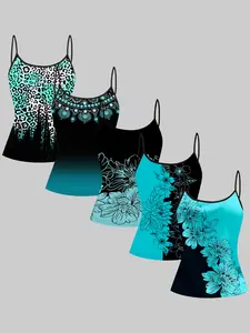 2026 Summer New Printed Strapless Fitted Tank Top 5 Pcs Set, Gradient Leopard Floral European Style, Versatile Sleeveless Upper